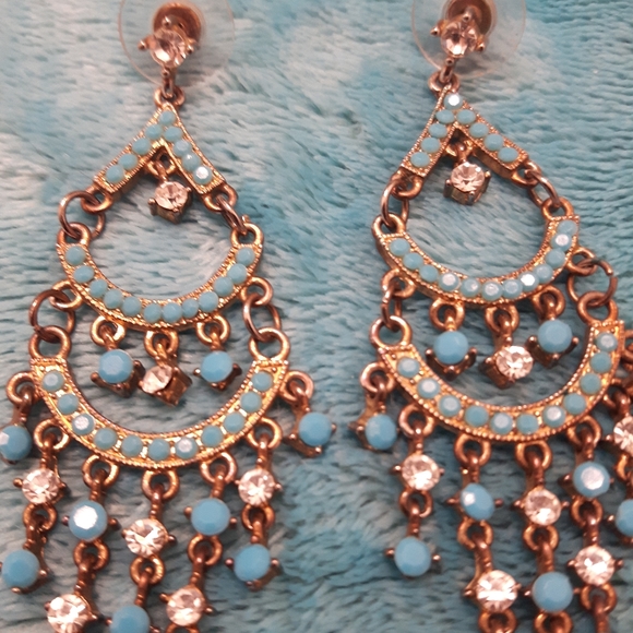 Turquoise & Crystal Chandelier Earrings Y2K - Picture 2 of 3